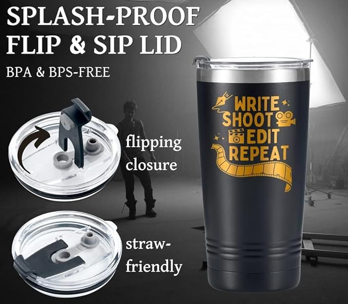 Onebttl Aspiring Filmmakers Gift, Director Gift, Theater Gifts on Filmmaker Day, Birthday and Christmas, 20 oz Insulated Stainless Steel Tumbler - Write shoot edit repeat