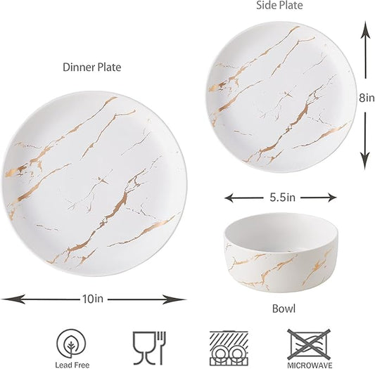 White Gold Splash Dinnerware Sets, 12 Pieces Fine China Marble Plates and Bowls Sets, Modern Porcelain Dish Set for 4, Luxury Dinner Set for Formal Dinners and Weddings