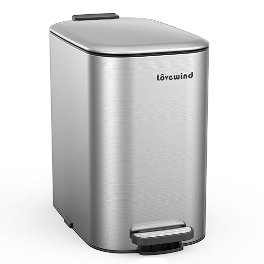 Lovewind Trash Can with Lid, 5.2 Gallon/20 L Footstep Garbage Can for Kitchen Bathroom Bedroom Home Office, 20 Liter Trash Bin Brushed Stainless Steel Waste Bin with Soft-Close Lid, Silver