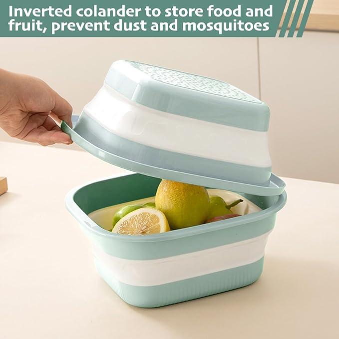 Collapsible Colander and Sink Basin Set 2 QT - 2 Pack Set Collapsible Strainer with Collapsible Wash Basin for Kitchen, RV Camping, Foldable Fruit Vegetable Washing Basket, 2 QT, Blue
