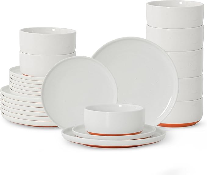 24 Piece Dinnerware Sets for 8, Dual Glaze Stoneware Plates and Bowls Set, Microwave and Dishwasher Safe, Stardust Glaze White