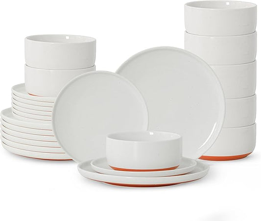 24 Piece Dinnerware Sets for 8, Dual Glaze Stoneware Plates and Bowls Set, Microwave and Dishwasher Safe, Stardust Glaze White