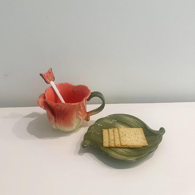 Ceramic Tea Cup and Saucer Set ，6OZ 3D Hand-Painted Flower Coffee Mug，Gift for Women -Orange Tulip