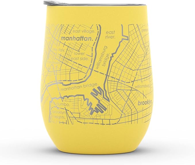 Well Told Engraved New York City Map Insulated Wine Tumbler, Etched Stainless Steel Cup (12 oz, Sunrise Yellow) City Map Insulated Tumbler, Custom Insulated Tumbler, Outdoor Drinkware