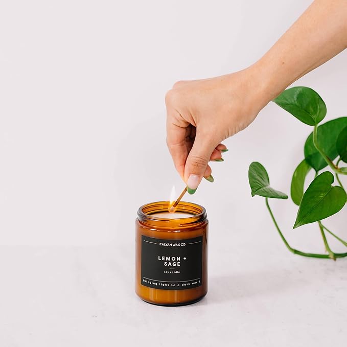 Calyan Wax Co. Musk & Teakwood Scented Candle - 57 Hour Burn - Luxury Non Toxic Soy Wax Candles - Long Lasting Amber Glass Jar Candle for Home - 7.2oz
