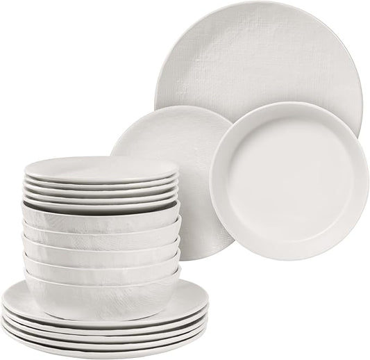 Navaris Linen Artisan Stoneware Dinnerware Set (18 Pieces) - White Dinnerware with Dinner Plates, Side Plates, and Pasta Bowls - Dishwasher and Microwave Safe