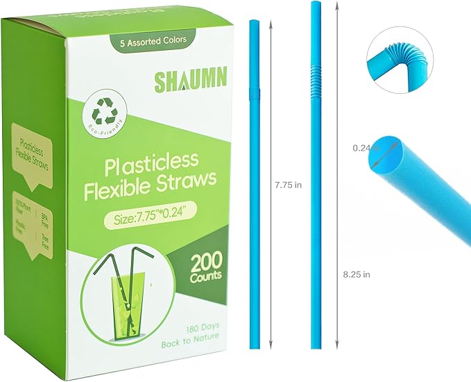 200pcs Colorful Flexible Straws Plastic-Free, 7.75" Compostable Disposable Drinking Straws for Party/Home Use,Biodegradale Eco-Friendly Bendable Straws -5 Assorted Color