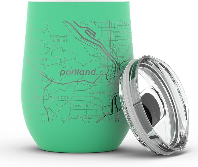 Well Told Engraved Portland Oregon Map Insulated Wine Tumbler, Etched Stainless Steel Cup (12 oz, Sunday Green) City Map Insulated Tumbler, Custom Insulated Tumbler, Outdoor Drinkware