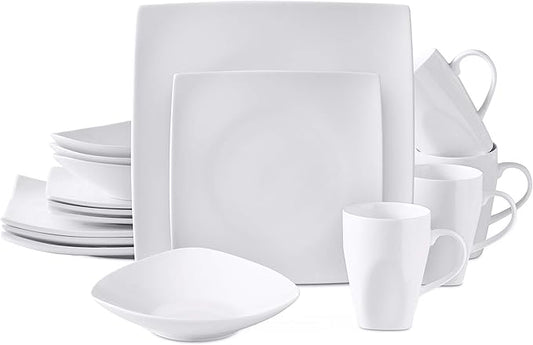 Bone China Square Shape, Elegance White 16pc Dinnerware Set