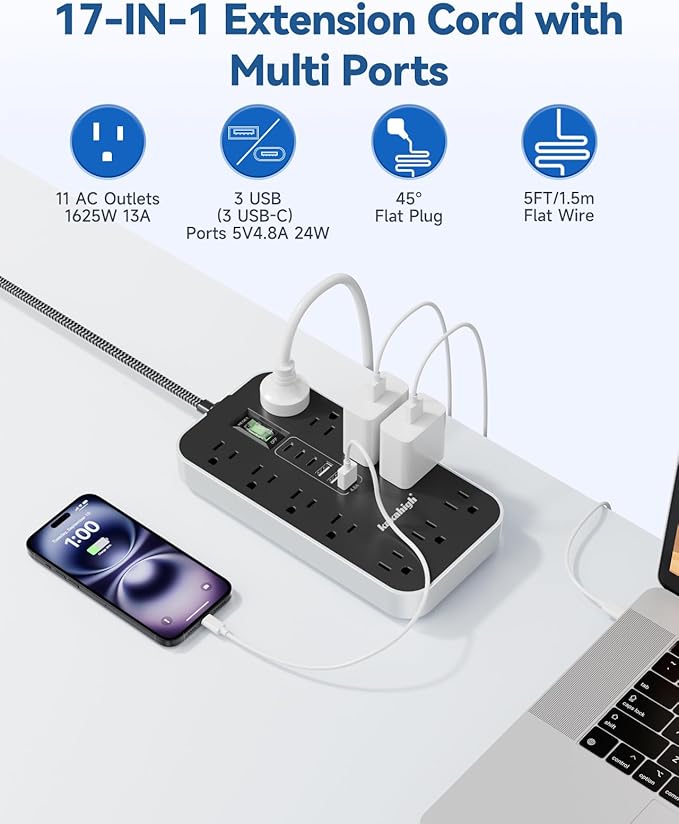 25 FT Extension Cord with USB Ports- Power Strip with USB, 1625W Multi Outlet with 11 AC Outlet 6 USB (24W/4.8A), Charging Station for Multiple Devices, for Home, Office, Dorm, Gaming Room Essentials