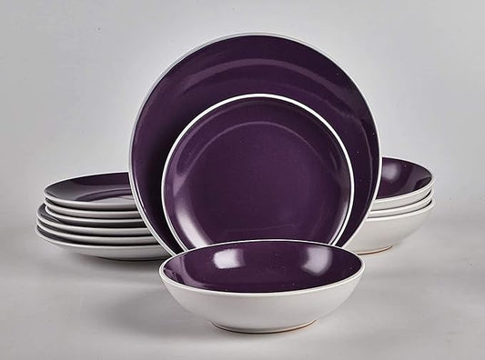 Stoneware Coupe Shape 12pc Dinnerware Set, Outside White + Inside Purple