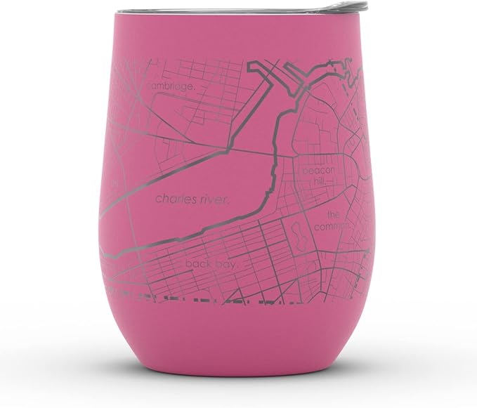 Well Told Engraved Boston Massachusetts Map Insulated Wine Tumbler, Etched Stainless Steel Cup (12 oz, Sunset Pink) City Map Insulated Tumbler, Custom Insulated Tumbler, Outdoor Drinkware