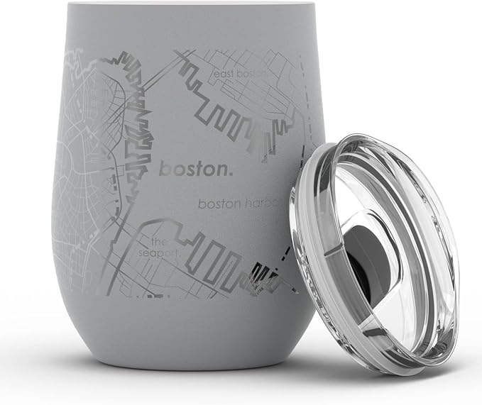 Well Told Engraved Boston Massachusetts Map Insulated Wine Tumbler, Etched Stainless Steel Cup (12 oz, Dockside Gray) City Map Insulated Tumbler, Custom Insulated Tumbler, Outdoor Drinkware