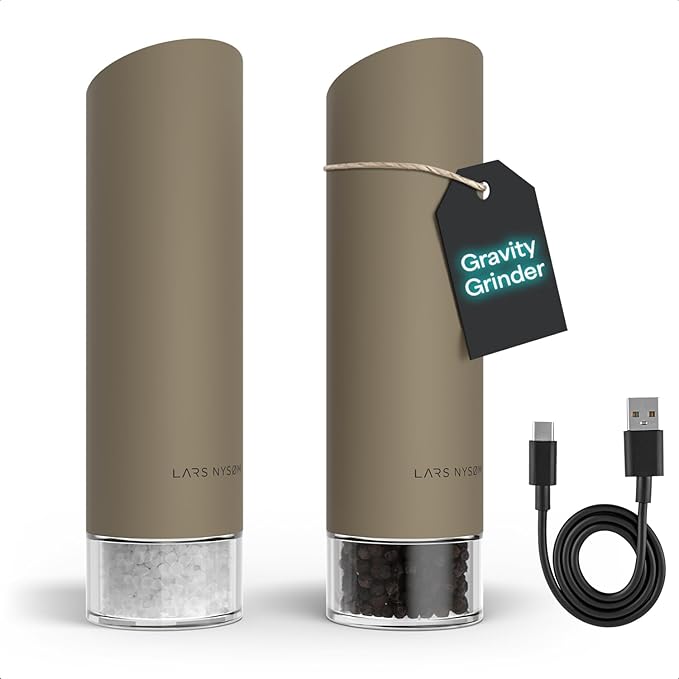 LARS NYSØM Gravity Grinder - Electric Salt & Pepper Grinder Set - USB-C Rechargeable Automatic Spice Grinder, Adjustable Coarseness, One-Handed Operation for Kitchen (Taupe Brown)