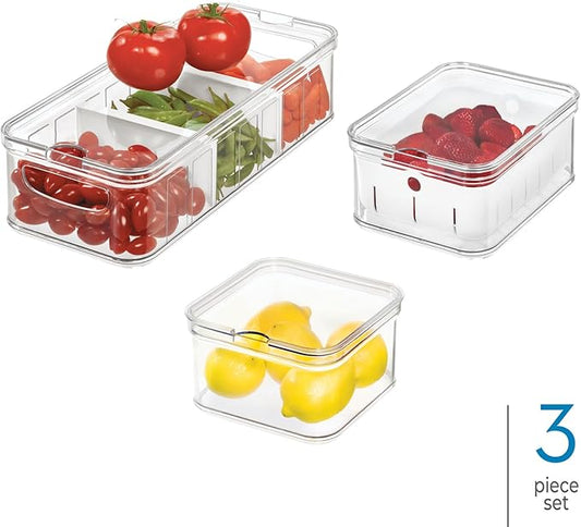 iDesign Crisp 3-Piece Recycled Plastic Refrigerator Organizer Bin Set with Lids, Clear/White