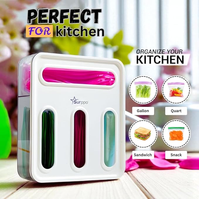Food Storage Bag Organizer, Plastic Baggie Holder, 4 in 1 Plastic Bag Organizer for Gallon, Quart, Snack & Sandwich, Kitchen Drawer Organizer & Wall Mount Ziplock Bag Holder, White/clear