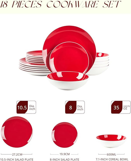 Stoneware Coupe Shape 18pc Dinnerware Set, Outside White + Inside Red
