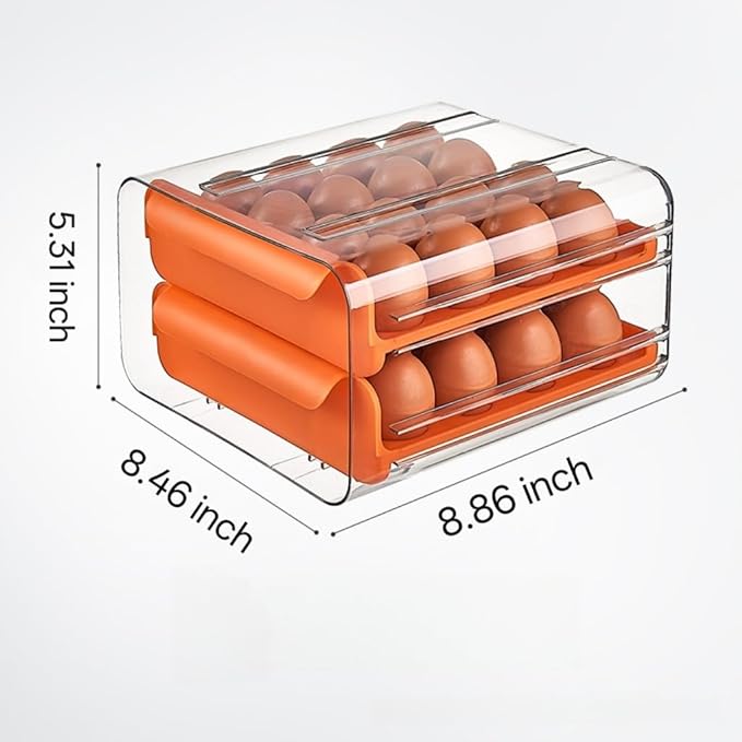Egg Drawer for Refrigerator 32 Eggs, 2 Tier Clear Stackable Egg Holder with Drawer for Fridge, Drawer Type Egg Storage Box, Egg Tray Countertop (Orange)