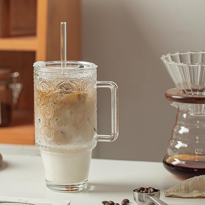 KEMORELA 24 Oz Ribbed Glass Tumblers with Lids and Straws, Tumbler Cup with Handle, Iced Coffee Glassware, Clear Reusable Drinkware for Smoothies and Beverages