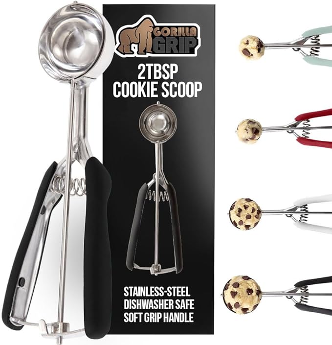 GORILLA GRIP BPA-Free Stainless Steel Cookie Scoop, 2 TBSP Scooper #40, Soft Grip Handle, Easy Food Release, Create Even Portion Sizes, Multipurpose Kitchen Melon Baller, Meatball Spring Scoops, Black