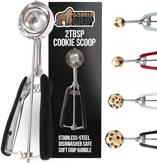 GORILLA GRIP BPA-Free Stainless Steel Cookie Scoop, 2 TBSP Scooper #40, Soft Grip Handle, Easy Food Release, Create Even Portion Sizes, Multipurpose Kitchen Melon Baller, Meatball Spring Scoops, Black