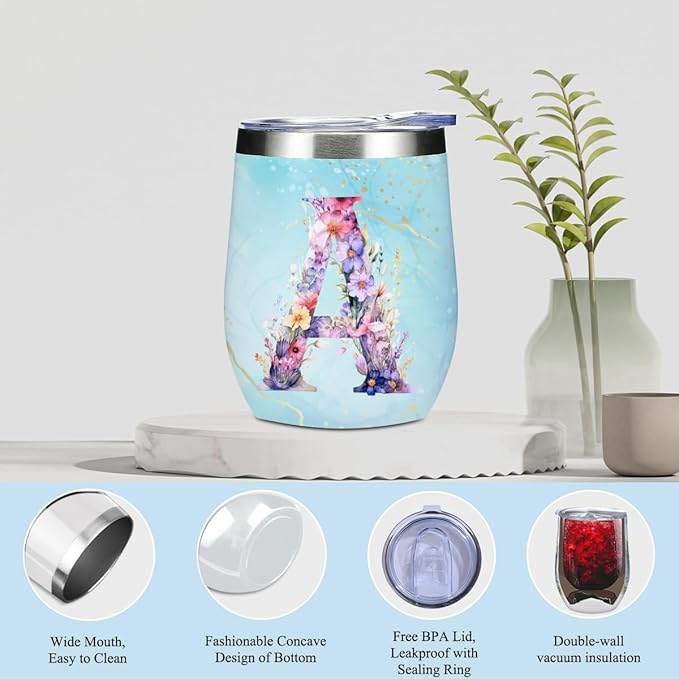 Personalized Gifts Monogrammed Birthday Gifts for Women, Bridesmaid Bachelorette Party Wedding Christmas Initial Wine Tumbler Makeup Bag Scented Candle Bracelet Set, (Aesthetic Purple Flower A)