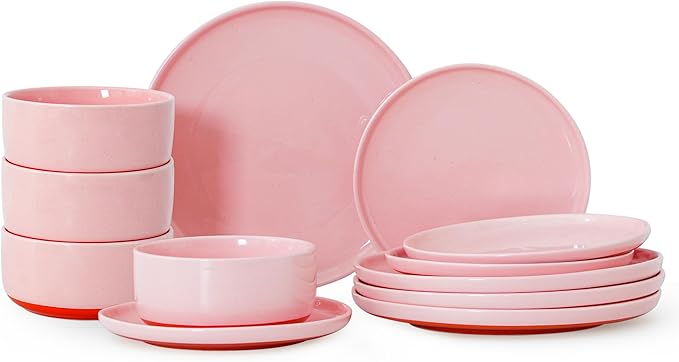 12 Piece Dinnerware Sets for 4, Dual Glaze Stoneware Plates and Bowls Set, Microwave and Dishwasher Safe, Pink
