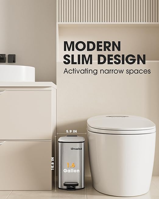 LOVEWIND Bathroom Trash Can with Lid, 1.6 Gallon/ 6 Liter Stainless Steel Garbage Can with Removable Inner Bucket, Step Pedal Wastebasket-Narrow Waste Bin for Bathroom, Toilet, Office, Bedroom, Silver