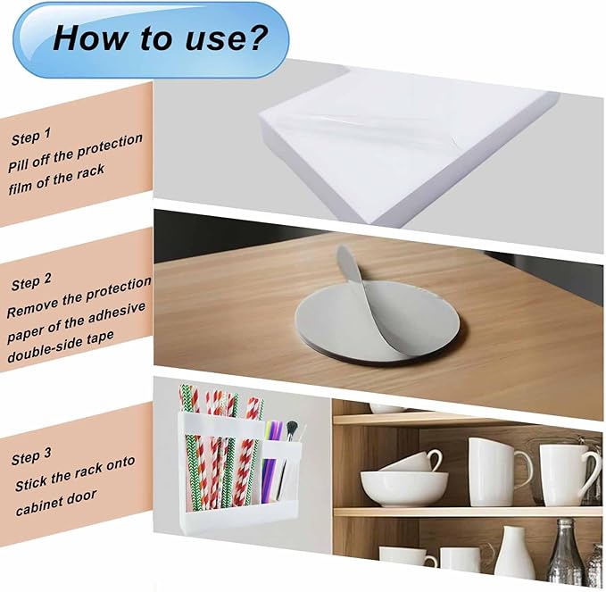 White Adhesive Straw Organizer for Cabinet, 5-Section Kitchen Utensil Holder for Long & Short Straws, Spoons, Forks, Inside Door Mount Storage Stick on Refrigerator Microwave Sides Tiled Wall Surfaces