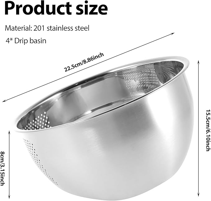4PCS Rice Washer Strainer Bowl with Side Drainers Stainless Steel Rice Washing Bowl Multifunctional Colander for Cleaning Rinsing Fruits Vegetables Beans Silver