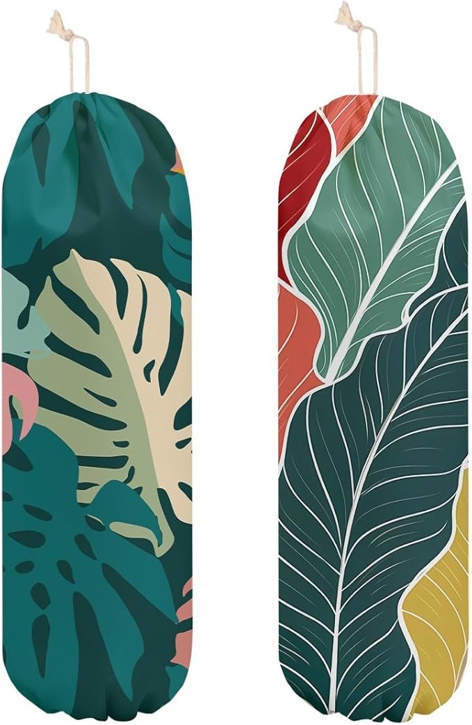 2 Pcs Palm Leaves Plastic Bag Holder, Botanical Grocery Bag Holder for Plastic Bags, Reusable Grocery Bag Organizer with Drawstring, Pull Rope Free Adjustment, Home Kitchen Pantry Decor, 22.5x9 Inch