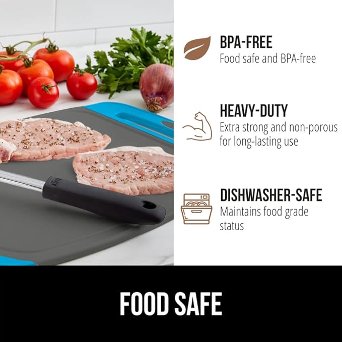 GORILLA GRIP BPA-Free Reversible Kitchen Cutting Board Set of 3, US Designed, Nonporous, Juice Grooves Catch Liquid, Slip Resistant Border, Dishwasher Safe, Durable Food Chopping Boards, Aqua Gray