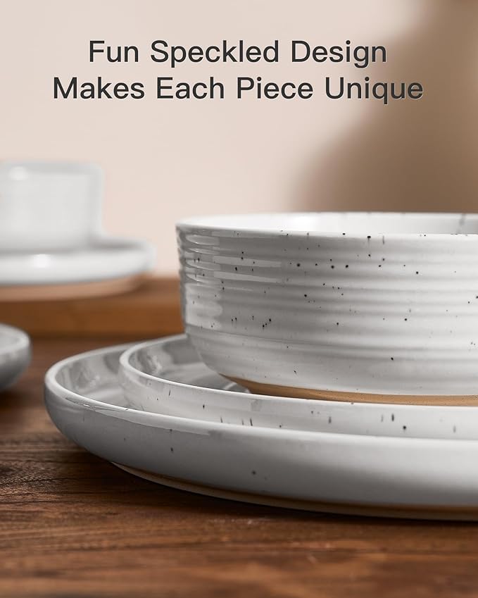 Stoneware Dinnerware Sets, Plate and Bowl Sets for 8, 24 Pieces Spiral Flared Dishware Set with Speckles & Reactive Glaze - Microwave and Dishwasher Safe Tableware, White