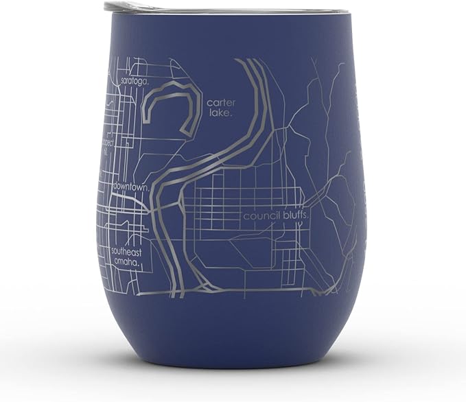 Well Told Engraved Omaha Nebraska Map Insulated Wine Tumbler, Etched Stainless Steel Cup (12 oz, Midnight Blue) City Map Insulated Tumbler, Custom Insulated Tumbler, Outdoor Drinkware