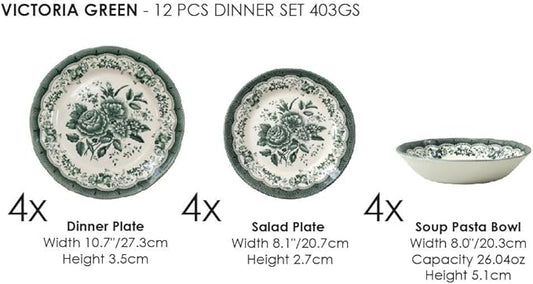 TUDOR ROYAL 12-Piece Porcelain Round Dinnerware Set, Service for 4, VICTORIA Green Design, Blue Floral, Plates Bowls Dishes, Premium Quality Tableware, Unique Pattern, Glossy