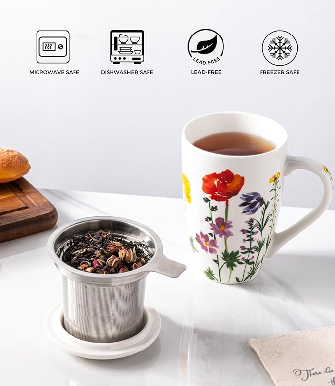AmorArc Porcelain Tea Mug with Infuser and Lid, 18 Oz Tea Cup with Handle for Loose Leaf Tea, Gift for Tea Lovers of Men and Women
