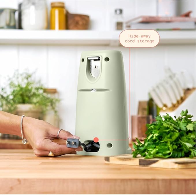 Beautiful Electric Can Opener with Auto-Turn, Magnetic Lid Holder, Knife Sharpener, Bottle Opener, Removable Lever, Cord Storage, No-Tilt Base, Stainless Steel Blade, 70W (Sage Green)