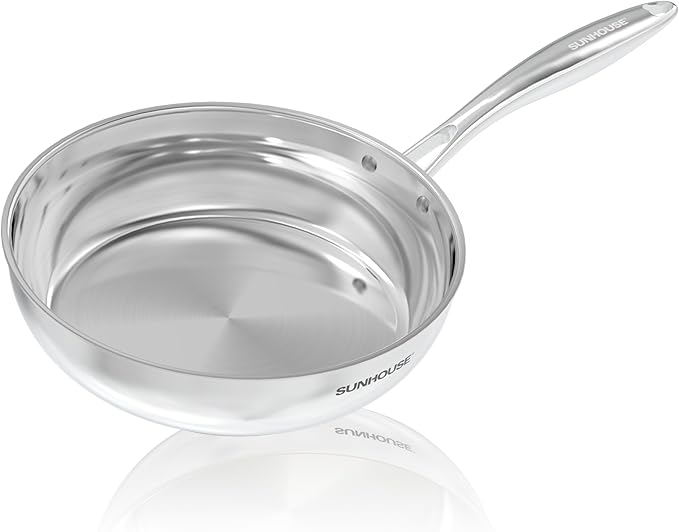 Sunhouse – 9.5 Inch / 24 cm Stainless Steel Frying Pan, Tri-Ply Stainless Steel Construction, PFOA-FREE, Stay-Cool Handle, Induction Compatible with All Cooktops, Dishwasher Safe
