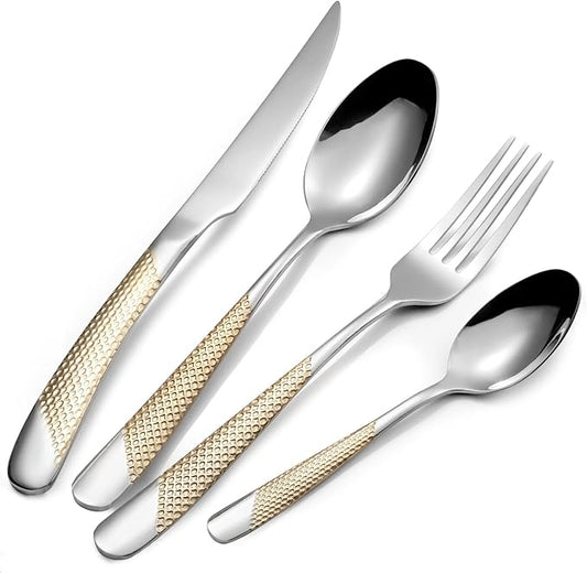16 Piece Gold Hammered Silverware Set for 4, Premium Food-grade Stainless Steel Flatware Set, Luxury Design & Mirror Polished Cutlery Set, Eating Utensil Set with Fork Knife Spoon, Dishwasher Safe