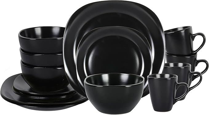 Stoneware Square 16pc Dinnerware Set, Matte Black