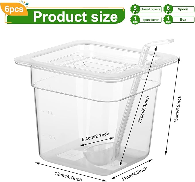 6 Pack Plastic Food Pans with Lids 1/6 Size 6'' Deep Restaurant Food Containers Stackable Clear Polycarbonate Commercial Hotel Pans with 1 Plastic Spoon for Fruits Vegetables
