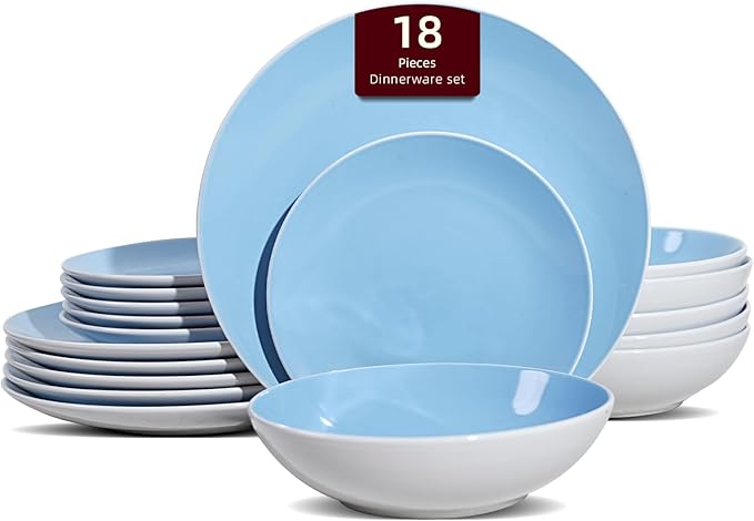 Stoneware Coupe Shape 18pc Dinnerware Set, Outside White + Inside Blue