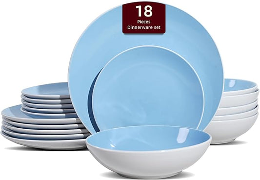 Stoneware Coupe Shape 18pc Dinnerware Set, Outside White + Inside Blue