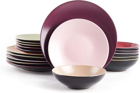 Colors Life 18pc Dinnerware Set，Outside Shinny Black + Inside Matte Finished Color Very Berry