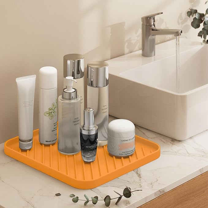 Silicone Organizer Tray for Kitchen Sink and Bathroom, Dishwasher Tray, Versatile Bathroom and Drawer Organizer Trays, Non-Slip Countertop (Orange)