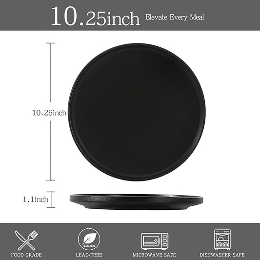 Stoneware Dinner Plates Set of 4, 10.25 Inch Plates for Steak, Pasta, Ceramic Plates Sets, Microwave Safe, Dishwasher Safe, Versatile for All Seasons, Matte Black
