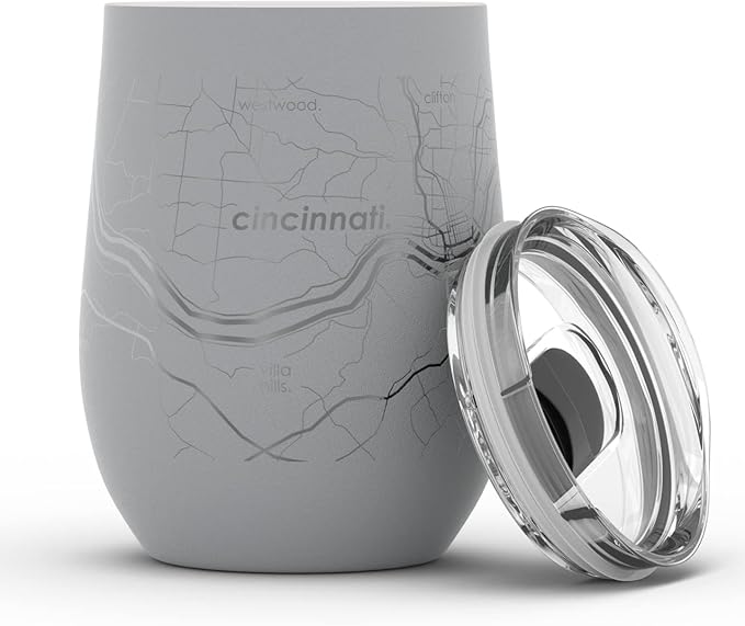 Well Told Engraved Cincinnati Ohio Map Insulated Wine Tumbler, Etched Stainless Steel Cup (12 oz, Dockside Gray) City Map Insulated Tumbler, Custom Insulated Tumbler, Outdoor Drinkware