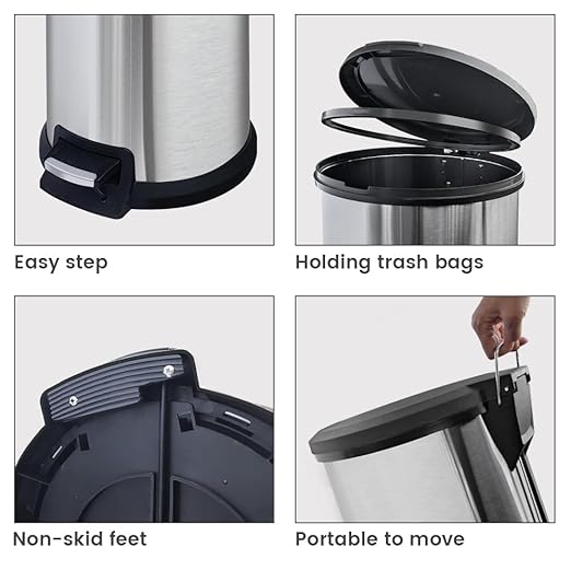 10 Gallon Trash Can with Lid, Tall Round Stainless Steel Kitchen Garbage Can with Plastic Lid, Liner Free Step-on Pedal Hand Free Trash Can, 40 Liter Capacity, Silver