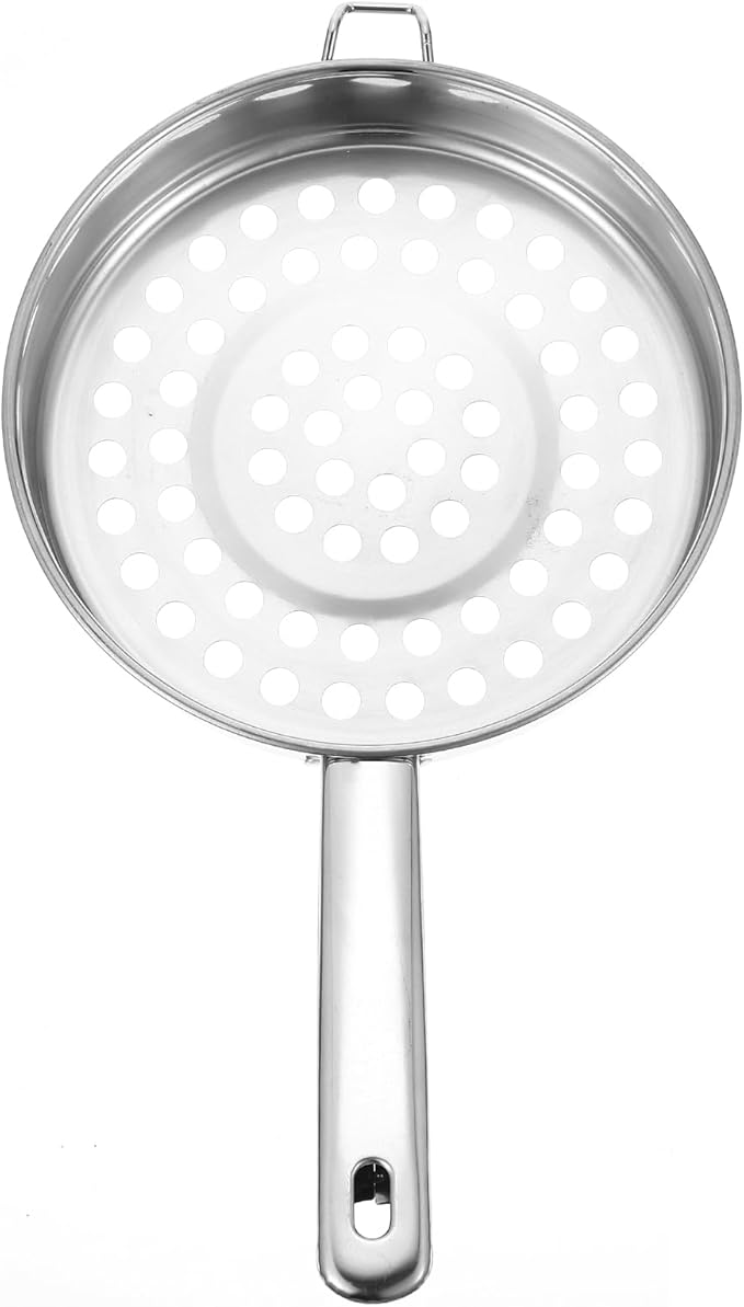 Hemoton Stainless Steel Colander With Long Handle Large Hole Cooking Strainer Mesh Steaming Basket for Draining Food Pastas Washing Fruits Vegetables Salads Silver