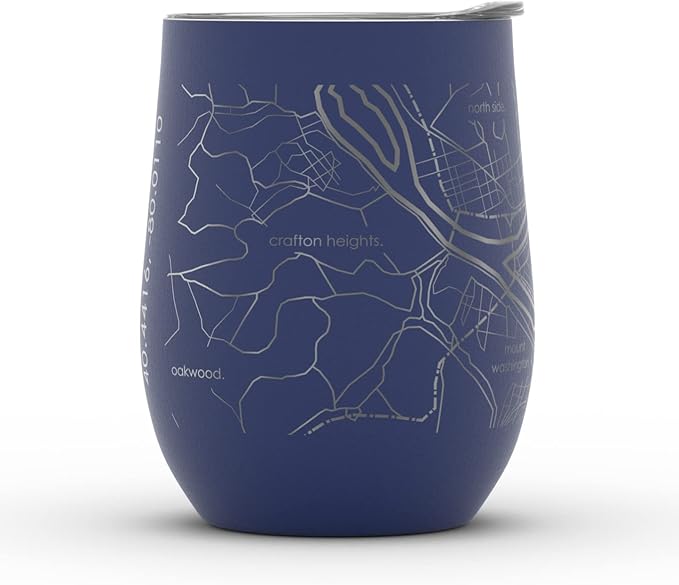 Well Told Engraved Pittsburgh Pennsylvania Map Insulated Wine Tumbler, Etched Stainless Steel Cup (12 oz, Midnight Blue) City Map Insulated Tumbler, Custom Insulated Tumbler, Outdoor Drinkware